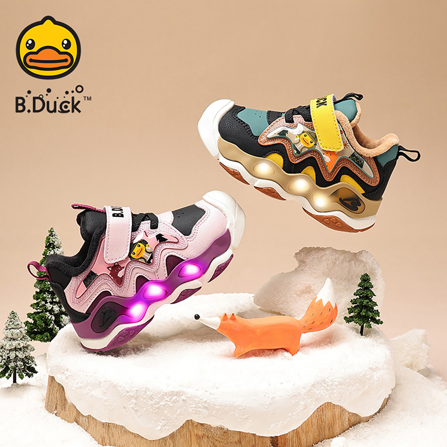 B.Duck小黄鸭儿童运动鞋子冬季魔术贴加绒男宝宝发光鞋女童二棉鞋,童鞋/婴儿鞋/亲子鞋,运动鞋,淘宝优惠券,粉丝福利购,淘宝优惠卷
