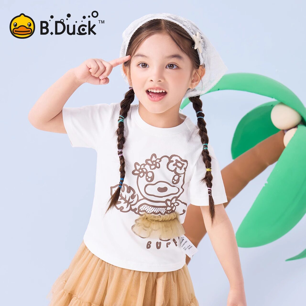bduck小黄鸭女童宝宝短袖T恤夏季新款儿童纯棉白色幼儿体恤上衣潮