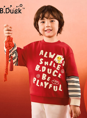 B.Duck小黄鸭男童加绒保暖卫衣儿童冬季新年红色衣服小童抗菌百搭