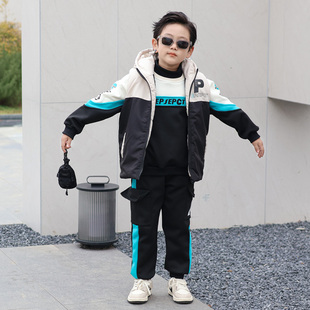 男童套装冬装加绒卫衣帅气新款加厚冬季儿童中大童男孩三件套新年