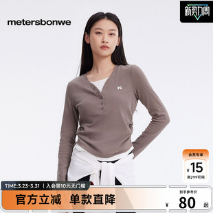 恤 V领假两件磨毛柔软长袖 新款 美特斯邦威T恤女春季