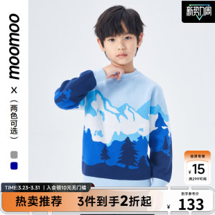 moomoo童装 毛衣男秋冬户外雪山场景印花舒适保暖上衣百
