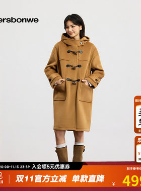 美特斯邦威女2026秋季新款休闲气质连帽长款纯色羊角扣仿毛呢大衣