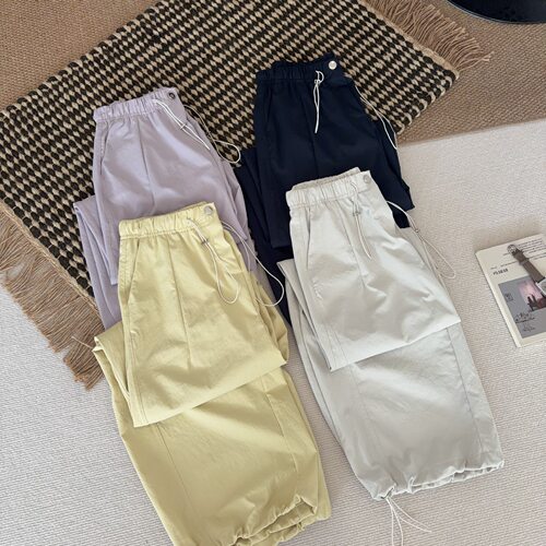 韩版松紧腰抽绳两穿直筒休闲裤