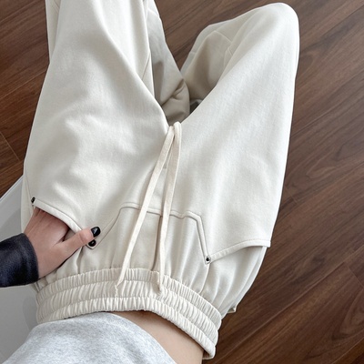 秋季米白高腰香蕉阔腿镰刀裤女