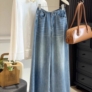 高腰宽松百搭直筒垂感休闲裤 韩版 女春新款 松弛感无腰头牛仔阔腿裤