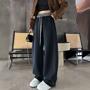 显瘦直筒休闲卫裤 女秋冬高腰宽松2025新款 刺绣撞色弯刀阔腿裤 美式