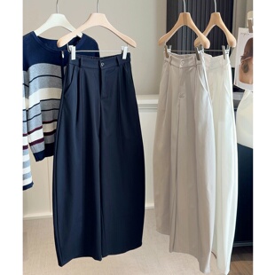 潮 简约纯色小个子显瘦阔腿裤 设计感松紧腰宽松休闲弯刀裤 女春新款