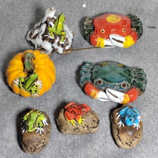 日本志野烧粗陶瓷荷叶青蛙兰瓜小摆件手工陶瓷茶玩创意可爱线香插