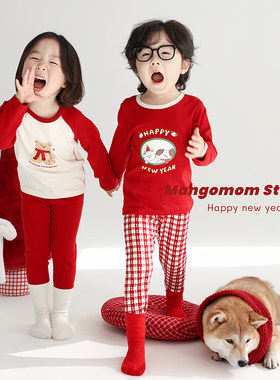 儿童纯棉新年装家居服宝宝本命年保暖内衣套装男女童红色秋衣秋裤