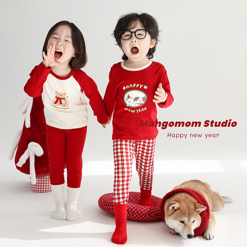 儿童纯棉新年装家居服宝宝本命年保暖内衣套装男女童红色秋衣秋裤