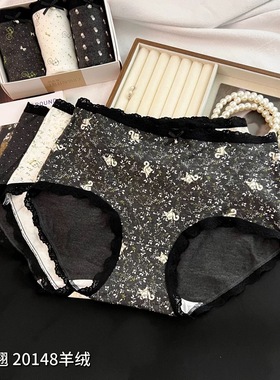 欧洲站3条装魅丽翘20148亲肤羊绒复古印花蕾丝边中腰内裤女