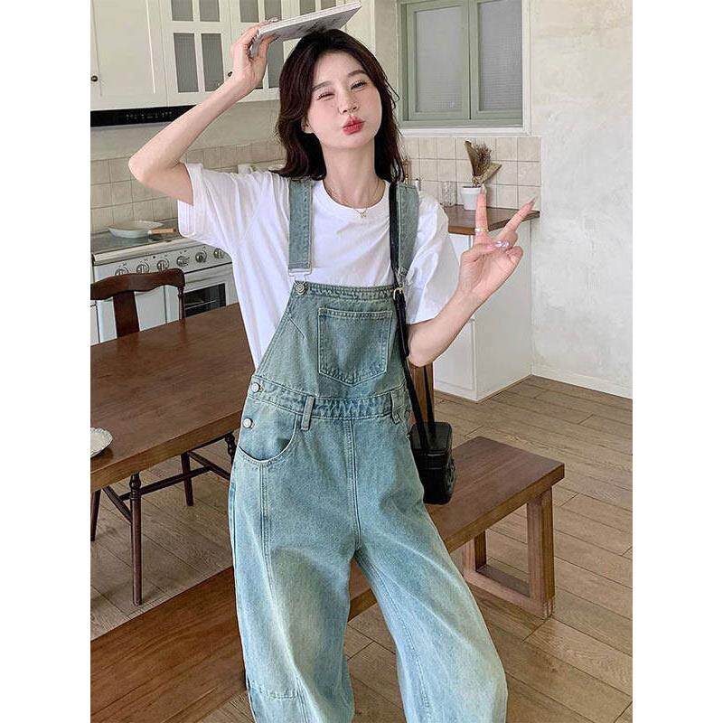 盐系复古弯刀牛仔背带裤女2026春季新款减龄宽松显瘦阔腿连体长裤