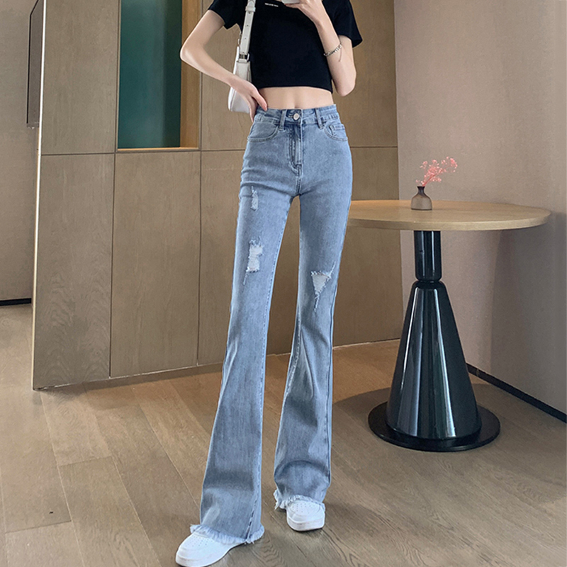 韩国破洞牛仔裤女夏季新款大码高腰显瘦微喇裤修身弹力毛边喇叭裤