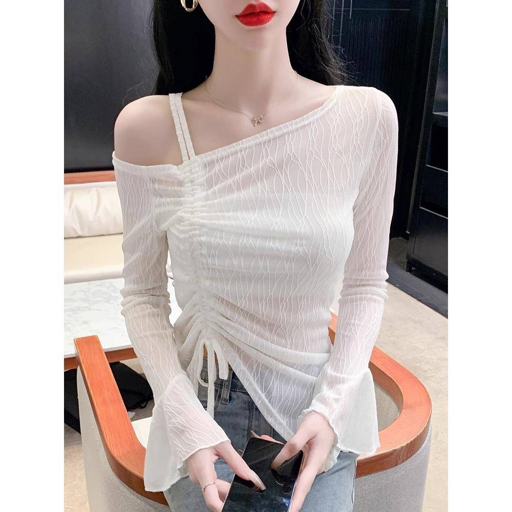 雪纺衫女夏季薄款2025新款长袖t恤修身显瘦不规则打底衫露肩上衣
