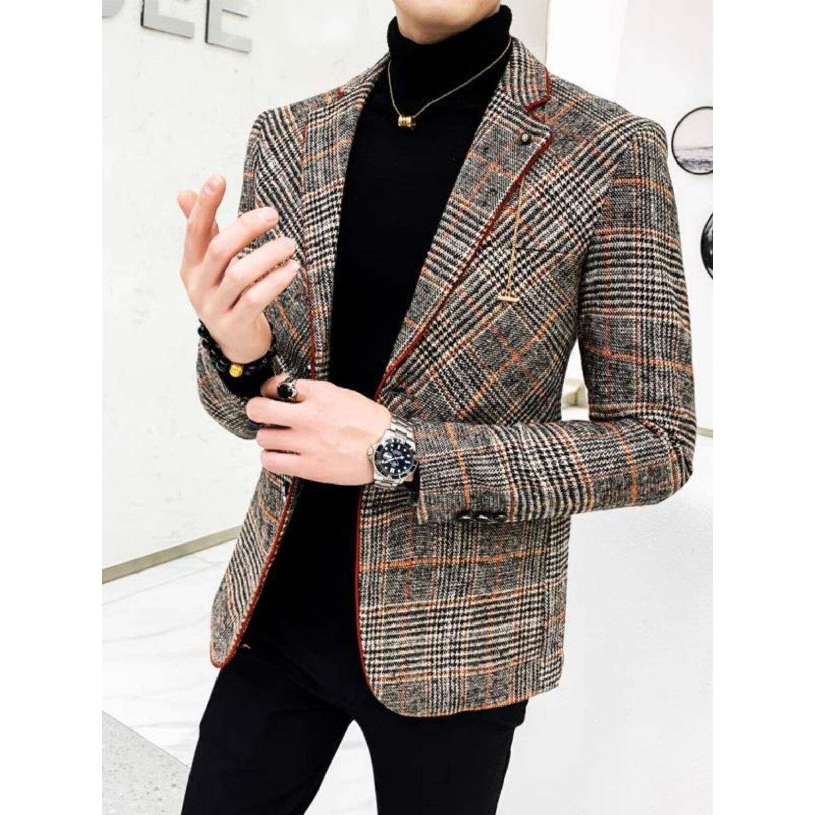 欧洲站千鸟格毛呢西装外套男士秋冬款韩版修身英伦风休闲西服上衣