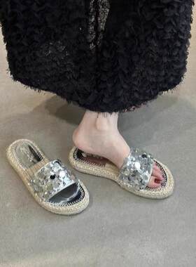 周末巴黎~ITSK凉拖女夏外穿小香风麻绳厚底百搭亮片一字拖鞋