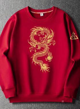 香港潮牌新年本命年卫衣男红色2025加绒加厚秋冬款圆领套头衣服男