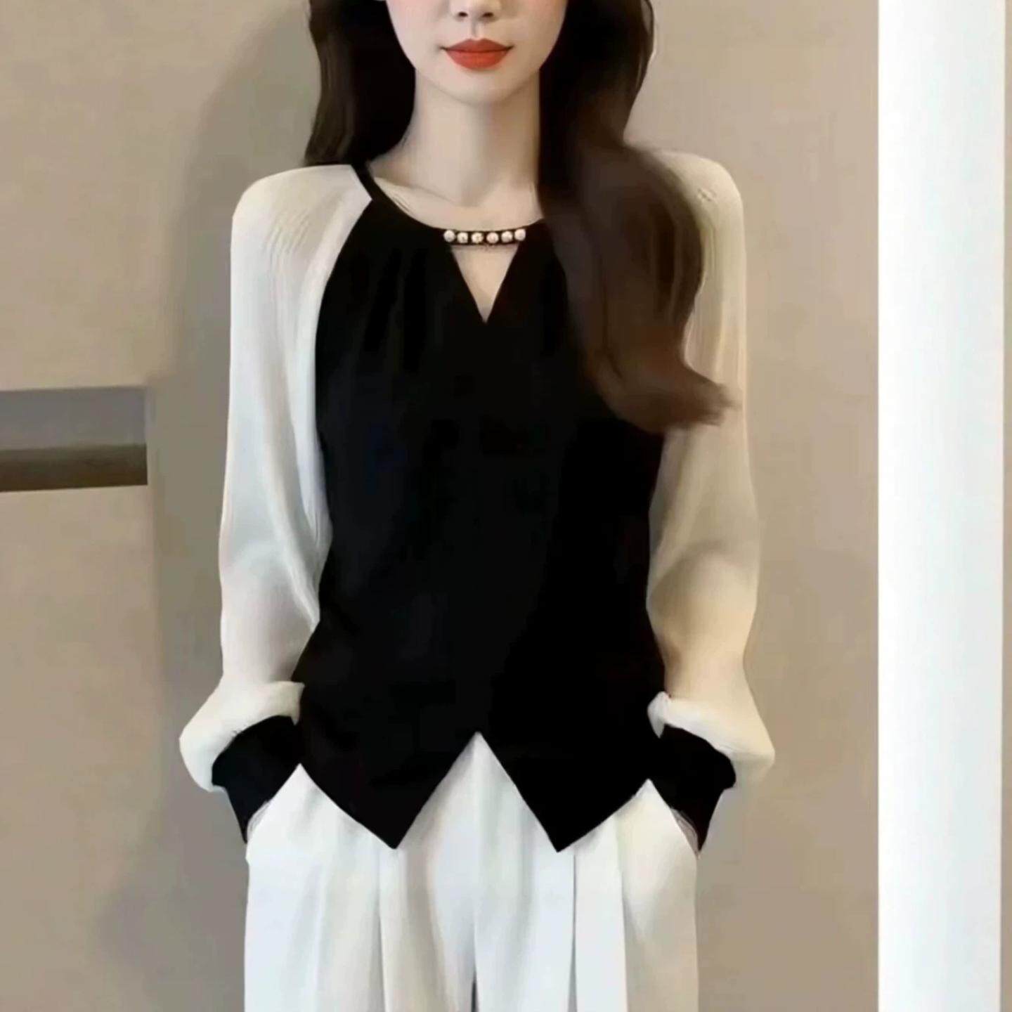 小香风黑白拼色长袖显瘦遮肚衬衫