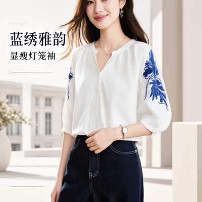 青花绣花白衬衫女七分袖夏装新款