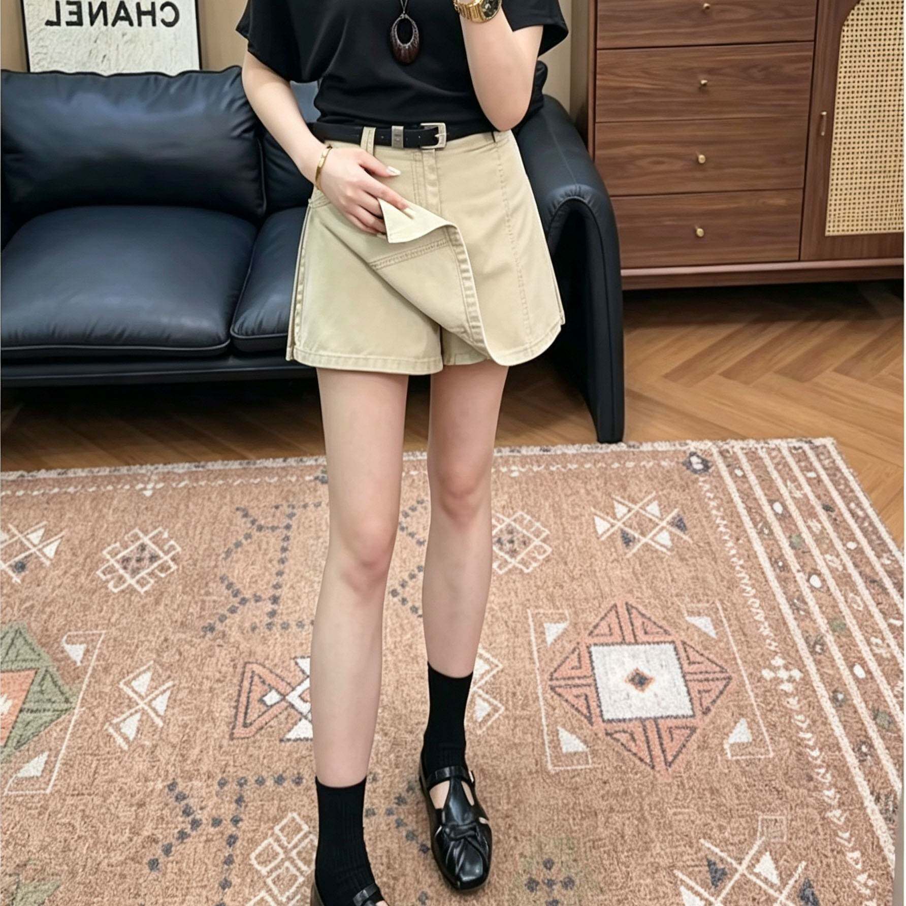 工装风卡其色软牛仔半身裙裤裙女夏季高腰显瘦百搭防走光A字短裙