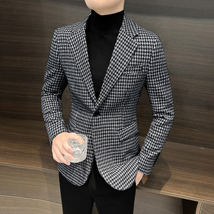 千鸟格休闲西装外套男士春秋单西男装2026新款商务春装西服11231e