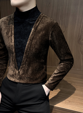 男长袖t恤拼接假新款春秋冬装半高领打底衫1228k