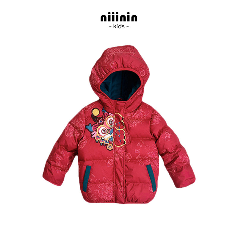 儿童羽绒服新国标90白鸭绒羽绒短款连帽外套男女童新年红色拜年服