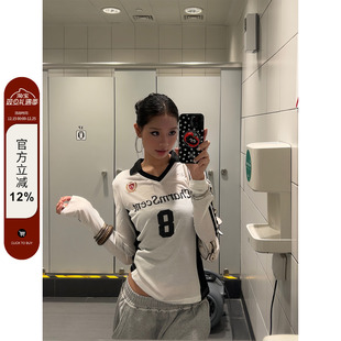 显瘦修身 复古运动球衣T恤字母印花撞色v领防晒长袖 辣妹 美式 F383