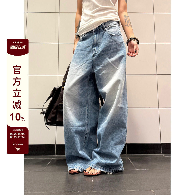 F383 美式复古做旧水洗蓝色直筒牛仔裤男女宽松阔腿休闲长裤子ins