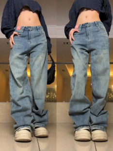 百搭ins 男女直筒宽松拖地长裤 F383 2022AW国潮原创复古水洗牛仔裤