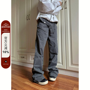 男女宽松休闲裤 F383 口袋腰带直筒复古牛仔裤 水洗工装 子 2025美式