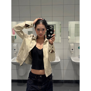 F383 美式复古帆布短款夹克秋季新款翻领外套女宽松百搭上衣辣妹