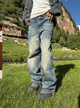 F383 美式复古街头压痕水洗宽松直筒cleanfit磨白牛仔长裤男女ins