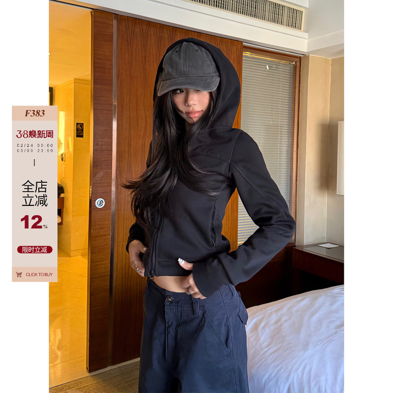 F383 美式复古空气层双头拉链短款连帽卫衣女设计感修身显瘦外套