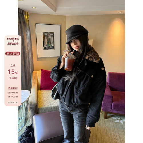 F383拼接豹纹翻领夹克棉服