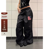美式 街头反光条休闲裤 宽松阔腿拖地长裤 F383 百搭松紧腰伞兵裤 潮