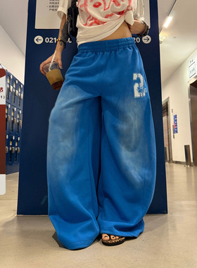 F383 美式复古蓝色阔腿裤男女宽松垂感休闲长裤抽绳渐变弯刀卫裤