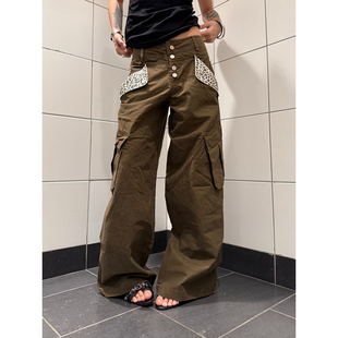男女 复古大口袋设计豹纹拼接纽扣宽松直筒阔腿百搭长裤 F383 美式