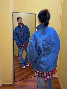 F383 2023AW国潮原创复古水洗不规则拼接牛仔夹克男女宽松外套ins