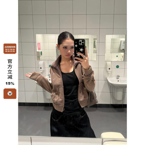 F383美式复古铆钉做旧泼墨外套