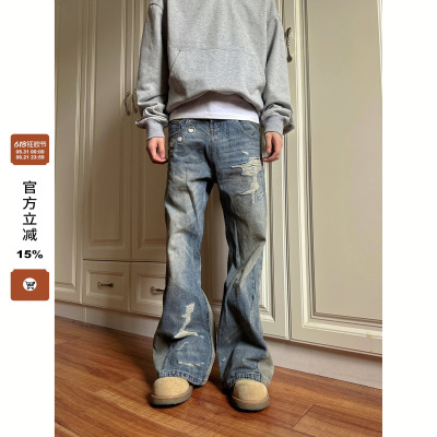 【F383】双腰头割破牛仔裤