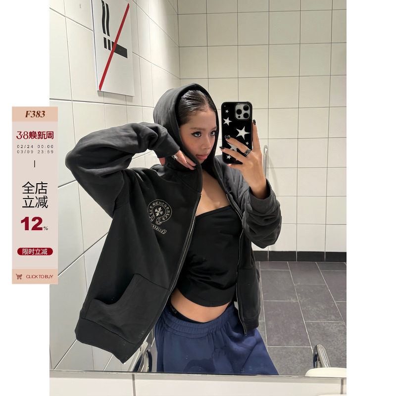 F383 美式复古哥特风连帽开衫印花卫衣男女宽松休闲百搭拉链外套