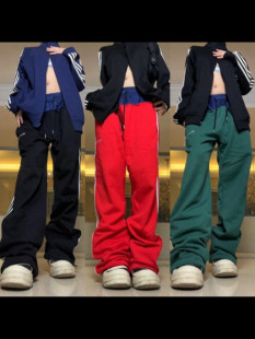 束脚裤 复古拼接撞色条纹直筒休闲长裤 ins 2022AW国潮原创美式 F383