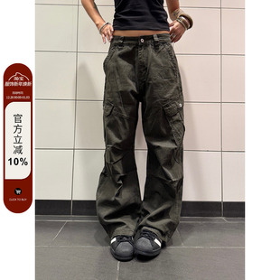 高级感直筒宽松显瘦百搭裤 F383 裤 复古廓形褶皱多口袋工装 子 美式