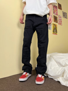 直筒裤 F383 显瘦修身 高街磨破水洗黑色牛仔裤 2024AW国潮原创美式