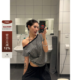 F383 美式复古宽松黑白条纹露肩短袖T恤女后背镂空辣妹百搭上衣夏