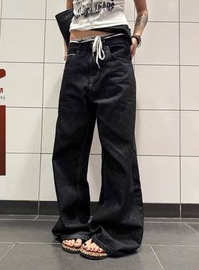 F383 美式复古黑色赤耳原牛直筒A字牛仔裤男女街头百搭阔腿长裤子