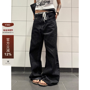 F383 美式复古黑色赤耳原牛直筒A字牛仔裤男女街头百搭阔腿长裤子