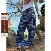 F383 宽松慵懒风阔腿直筒拖地赵露思同款 2026美式 复古格子休闲裤